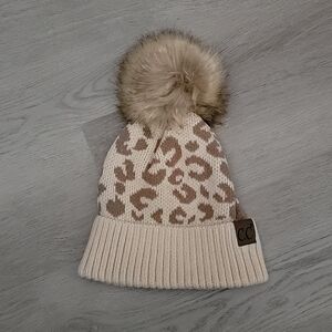 NWOT Leopard Print CC Beanie With Large Pom Pom